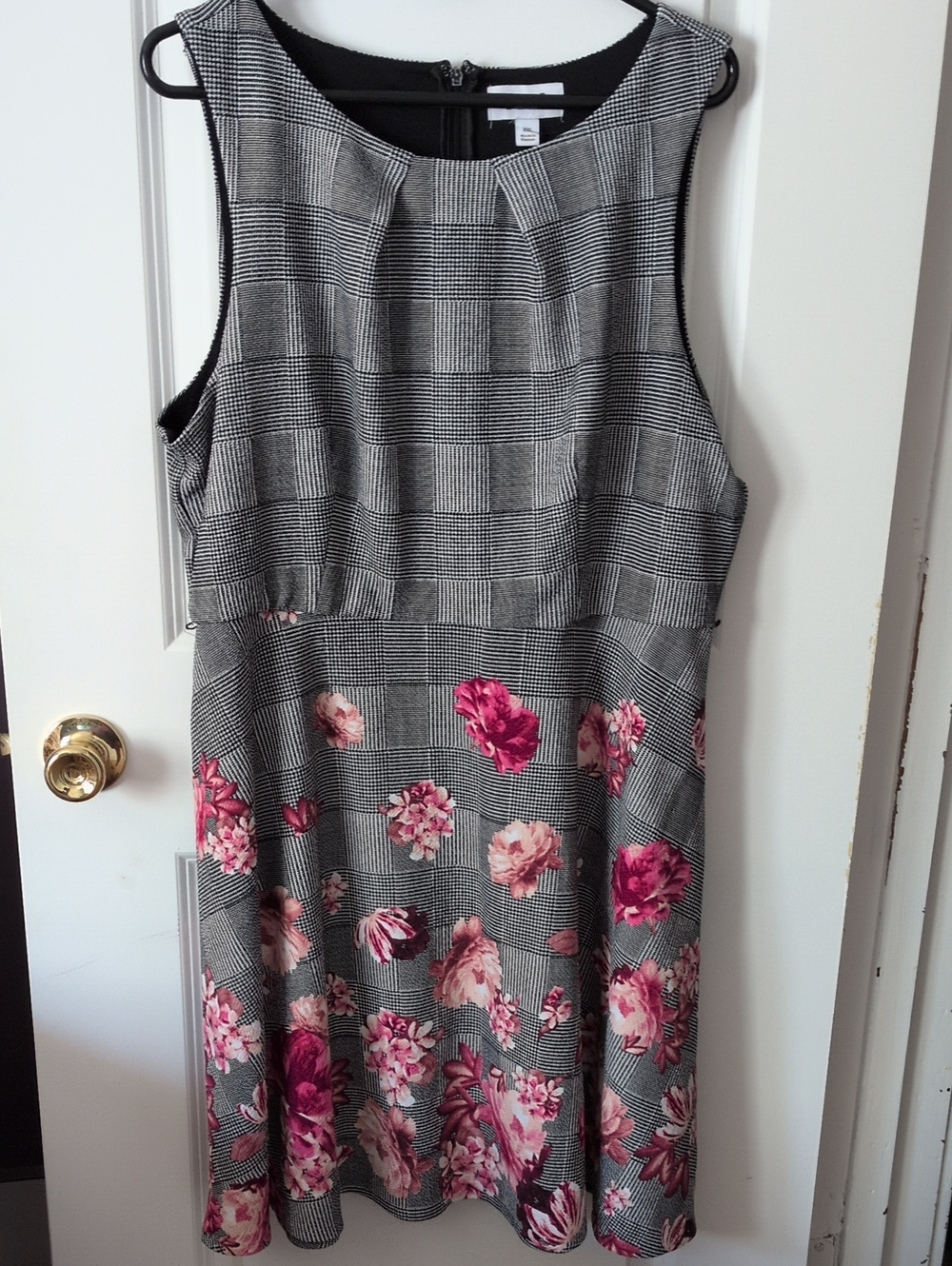 Elle Gray Plaid Dress with Pink Floral Hem